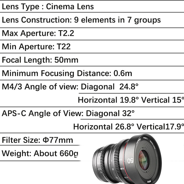 Lens MEIKE 50mm T2.2 Manual Focus Cinema Lens for M4/3